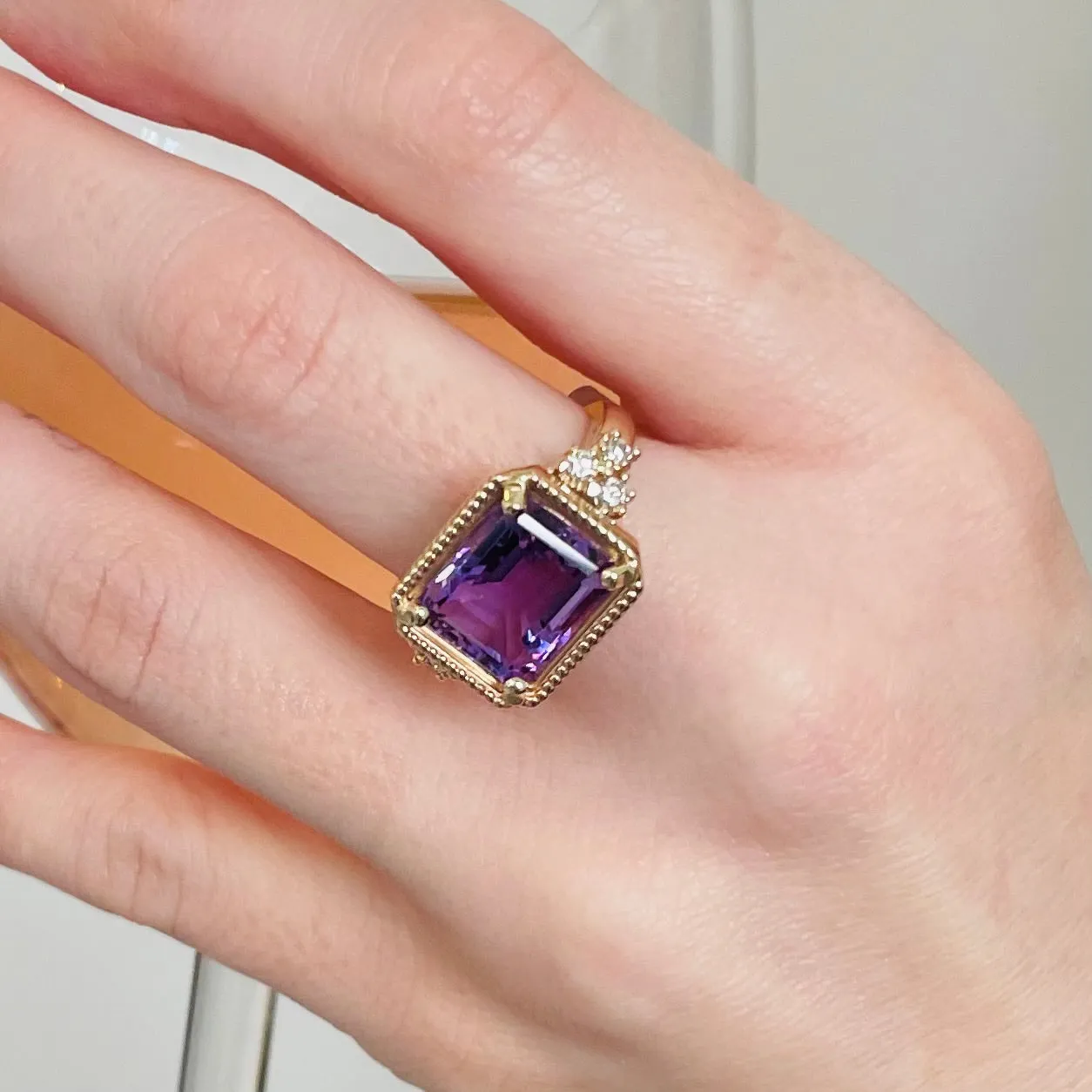 14k Millegrain Amethyst & Diamond Ring