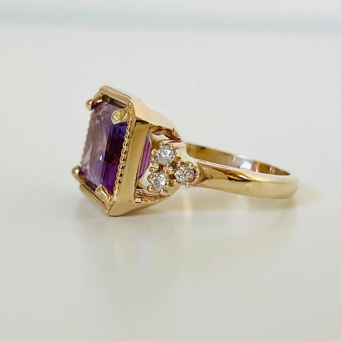 14k Millegrain Amethyst & Diamond Ring