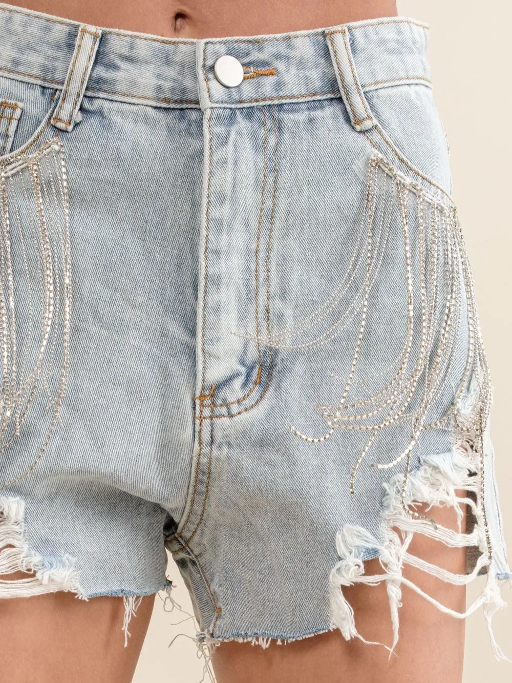 27 Austin Rhinestone Fringe Pocket Denim Shorts