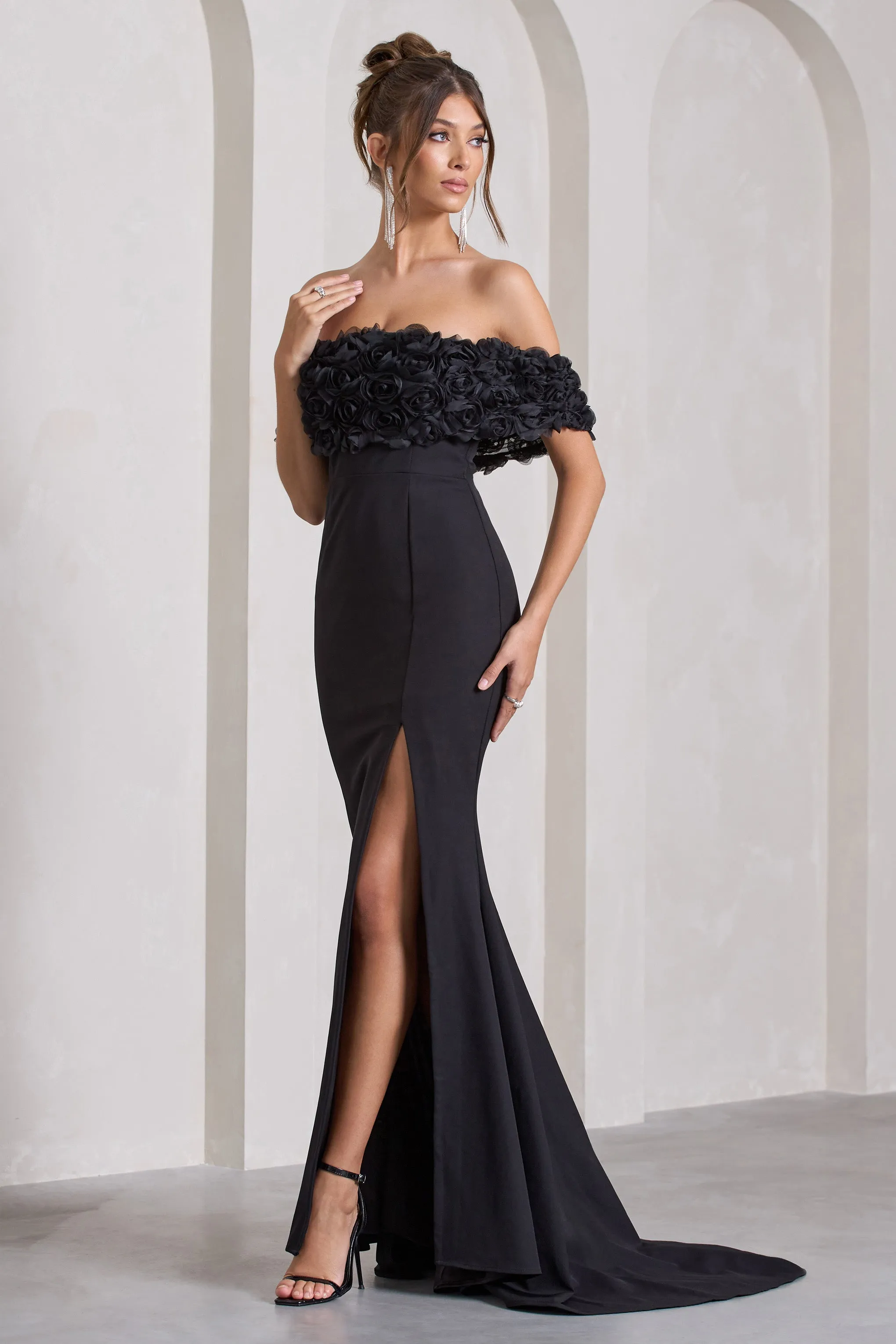 Amanza | Black Bardot Split Fishtail Maxi Dress With Flowers