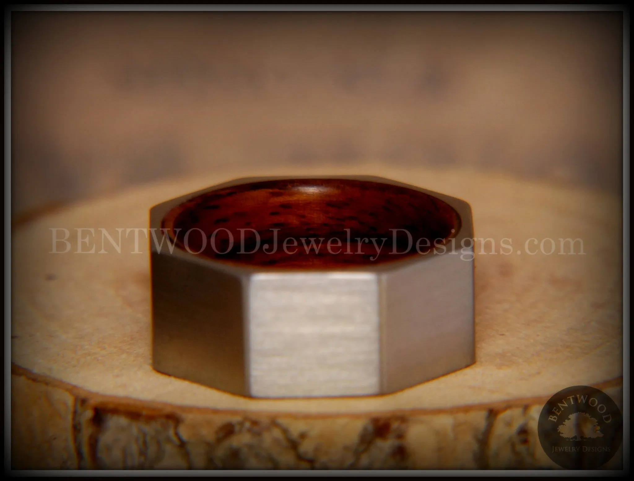 Bentwood Ring - Brushed Stainless Steel Octogon on Bent Rosewood Comfort Fit Core