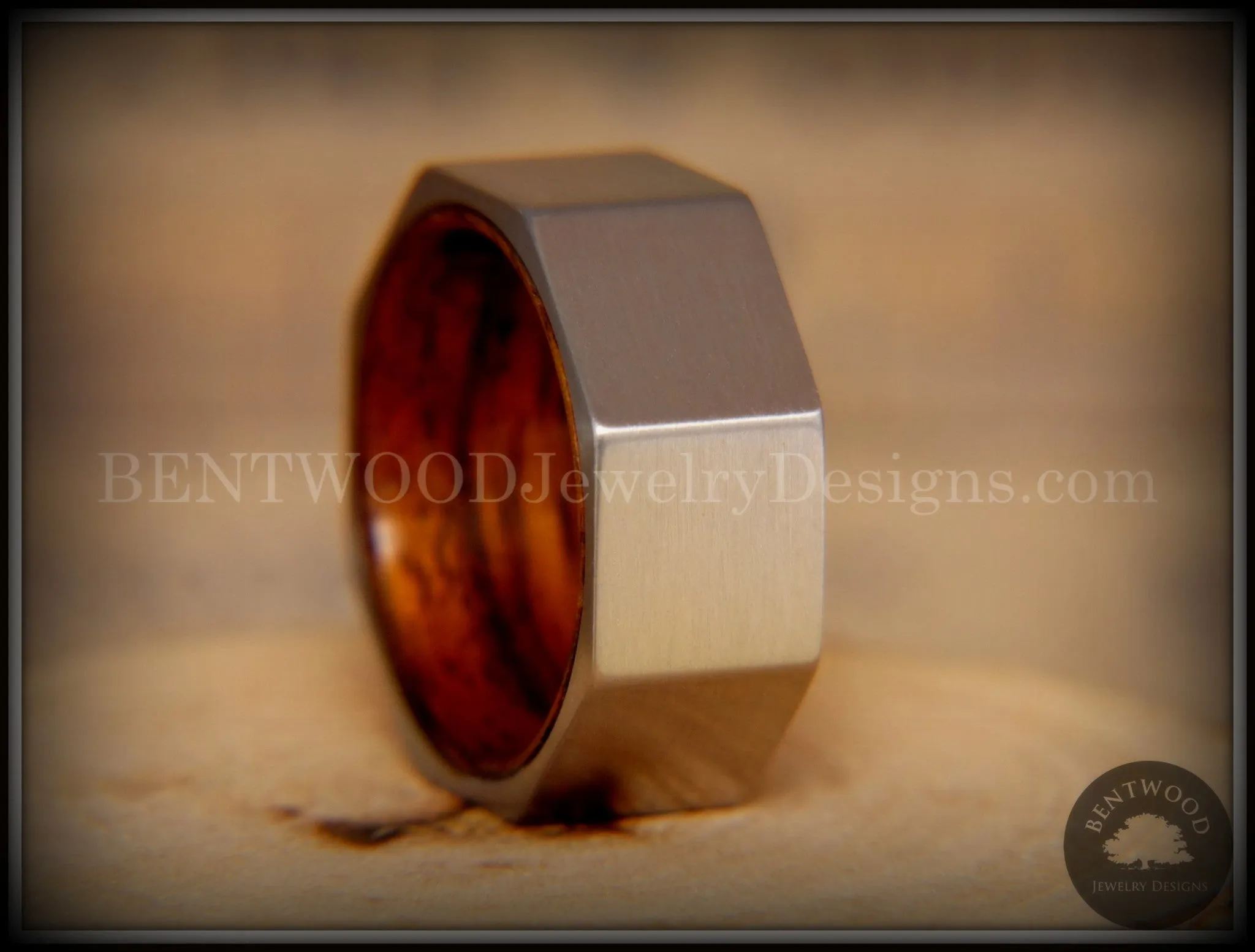 Bentwood Ring - Brushed Stainless Steel Octogon on Bent Rosewood Comfort Fit Core