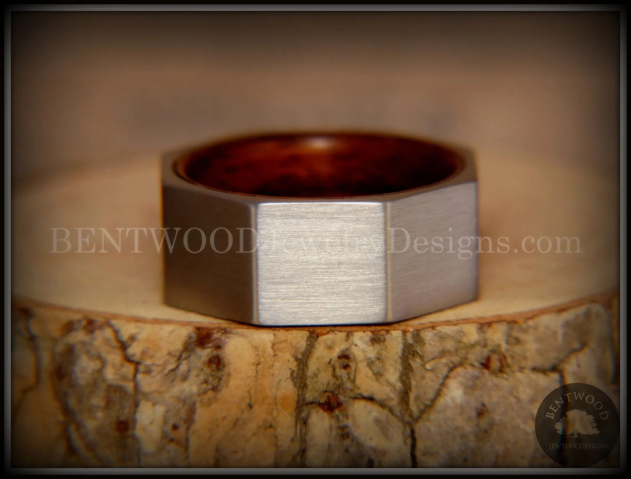 Bentwood Ring - Brushed Stainless Steel Octogon on Bent Rosewood Comfort Fit Core