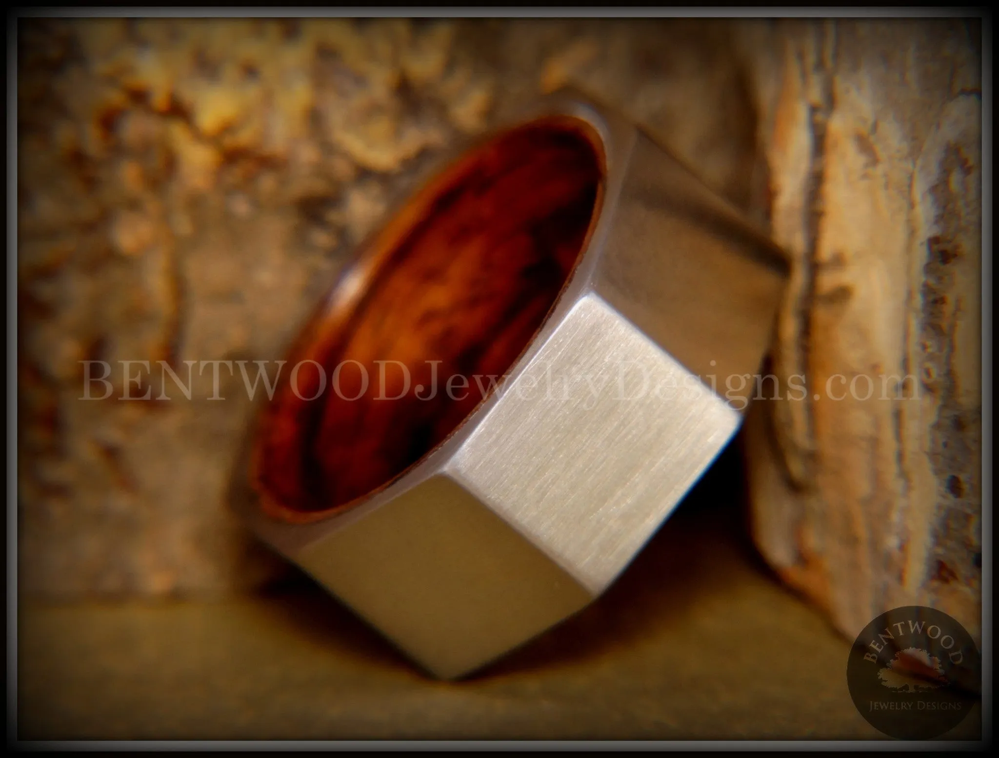 Bentwood Ring - Brushed Stainless Steel Octogon on Bent Rosewood Comfort Fit Core