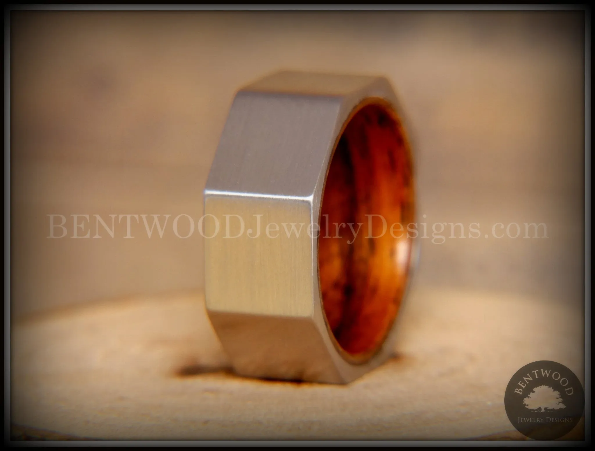 Bentwood Ring - Brushed Stainless Steel Octogon on Bent Rosewood Comfort Fit Core