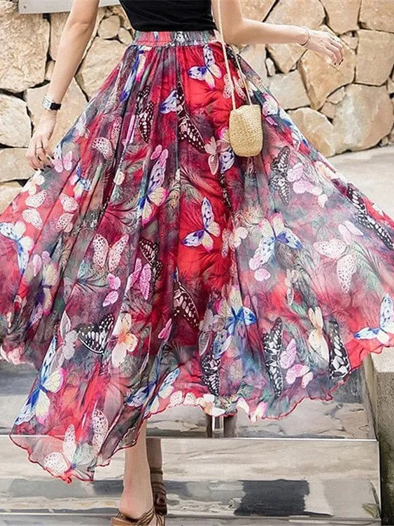 Boho Style Chiffon Floral Print Maxi Skirt for Women