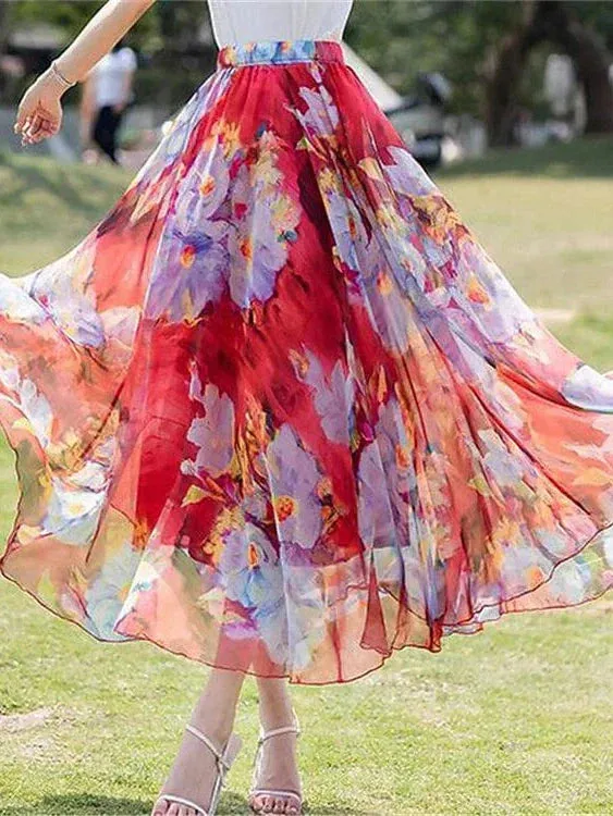 Boho Style Chiffon Floral Print Maxi Skirt for Women