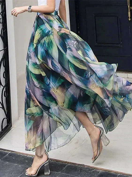 Boho Style Chiffon Floral Print Maxi Skirt for Women