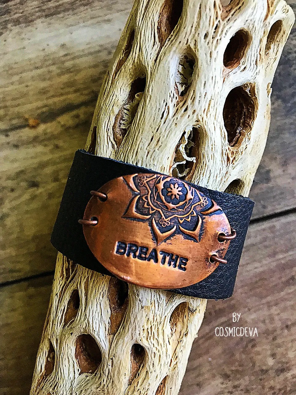 Breathe Deer Leather Copper Bracelet, Inspirational Yoga Mandala Bracelet