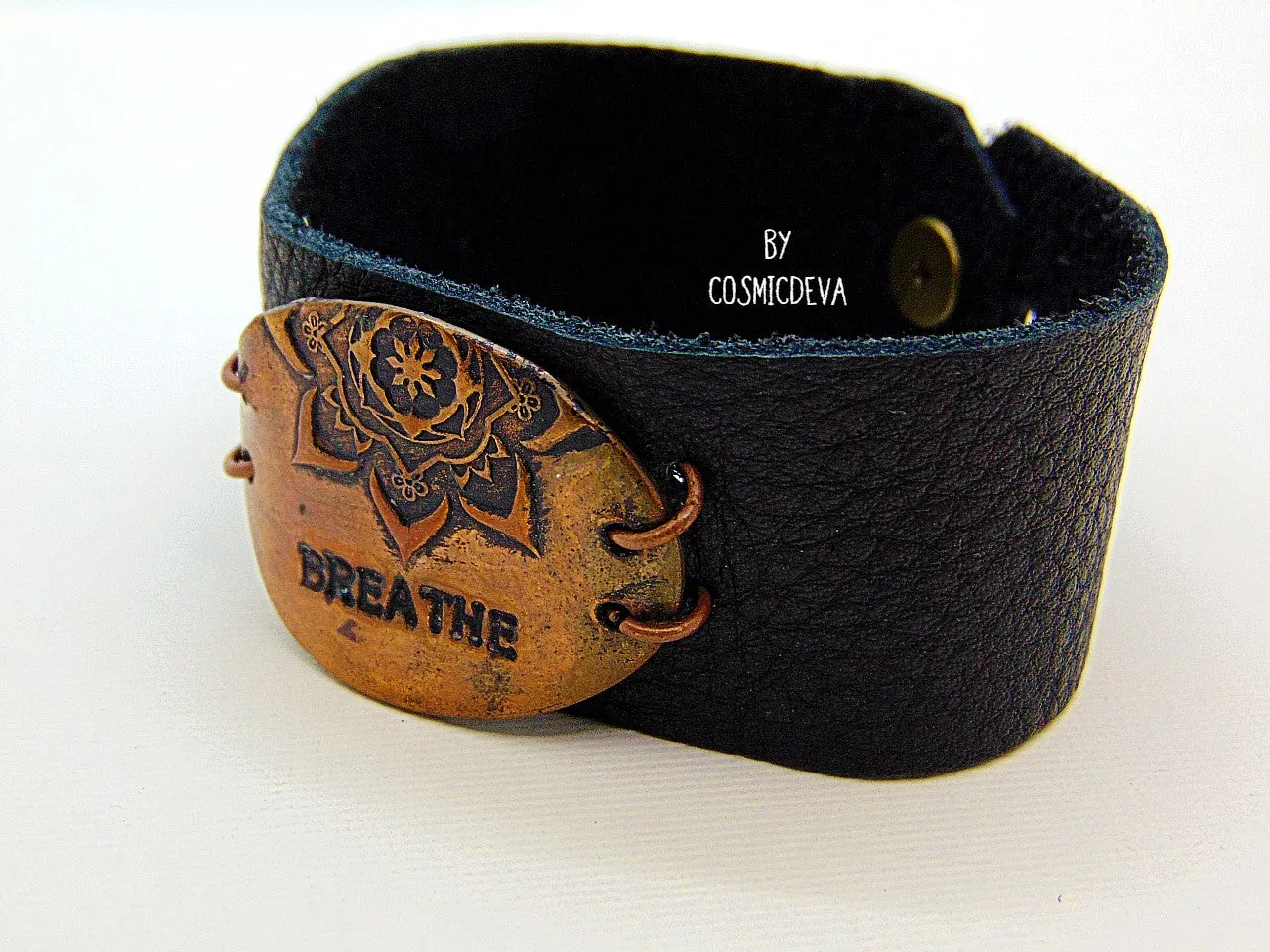 Breathe Deer Leather Copper Bracelet, Inspirational Yoga Mandala Bracelet