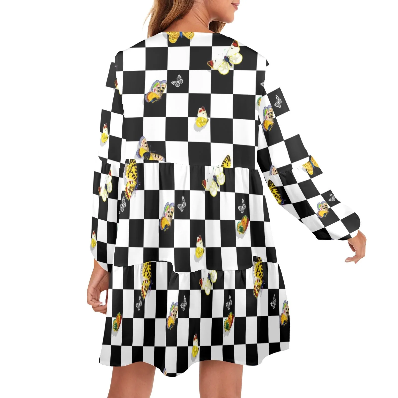 butterfly checker bw print V-Neck Loose Fit Dress (Model D66)