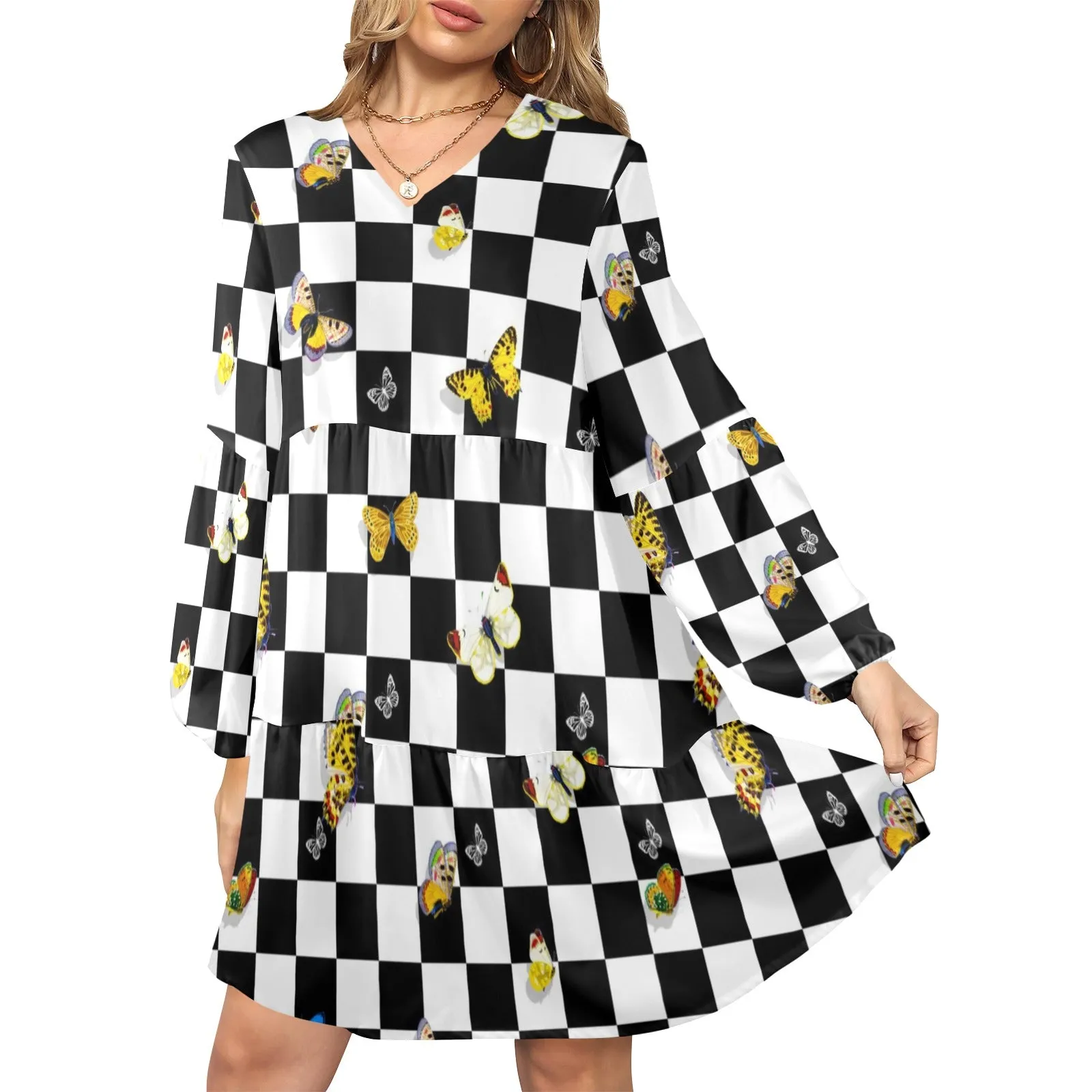 butterfly checker bw print V-Neck Loose Fit Dress (Model D66)