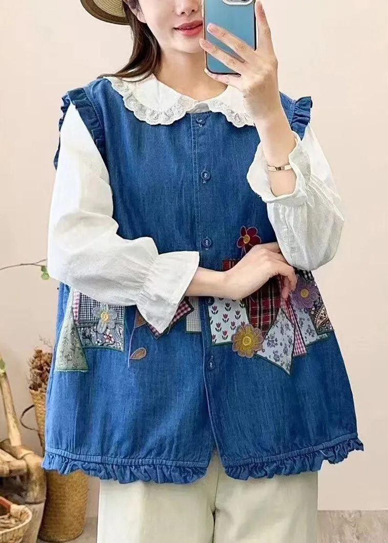 Cute Navy Embroidered Patchwork Button Waistcoat Sleeveless NN038