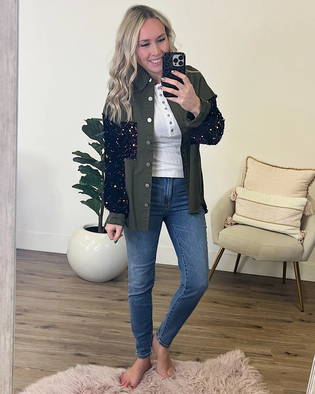 Denim Shacket with Velvet Sequin Sleeves - Olive FINAL SALE