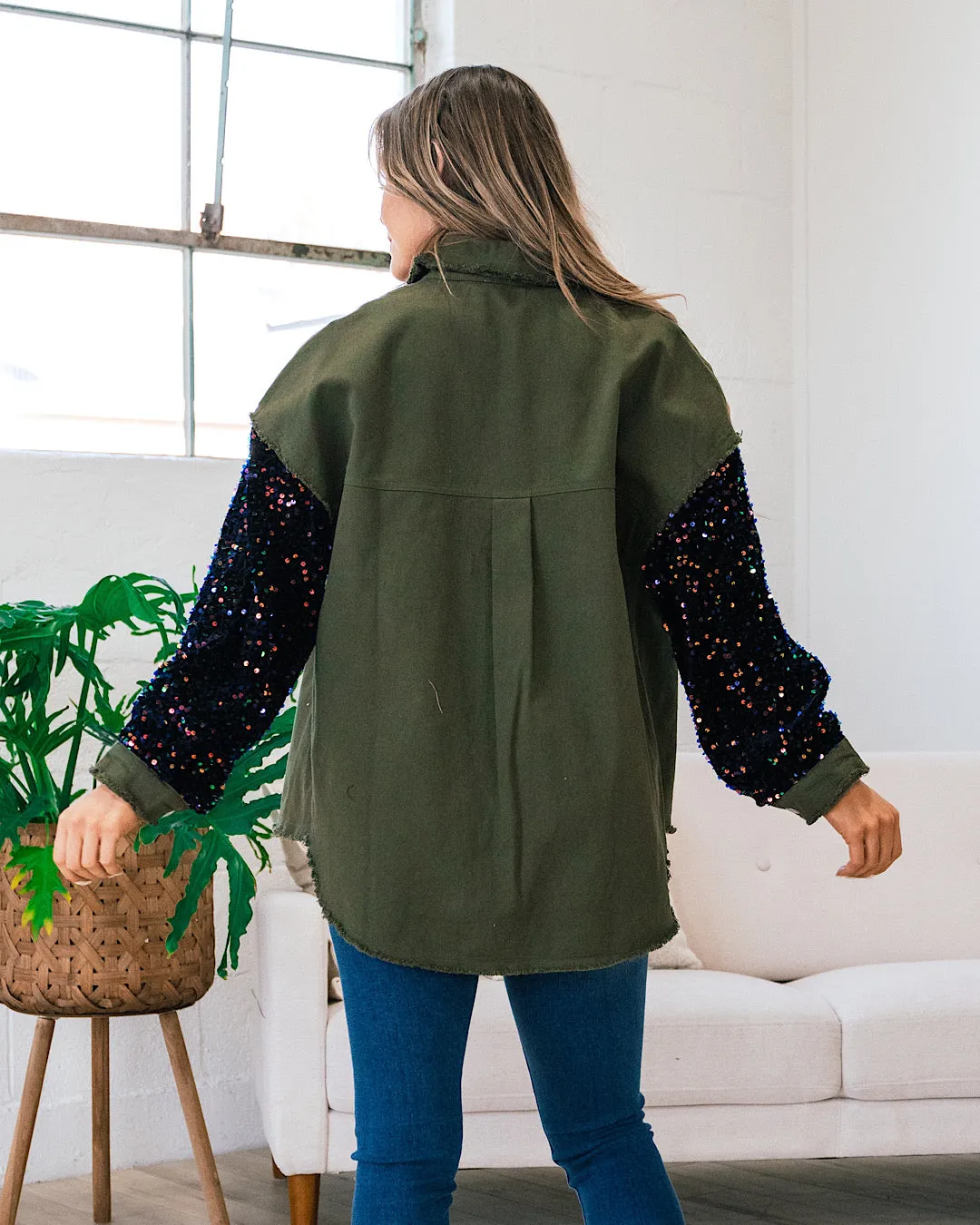 Denim Shacket with Velvet Sequin Sleeves - Olive FINAL SALE