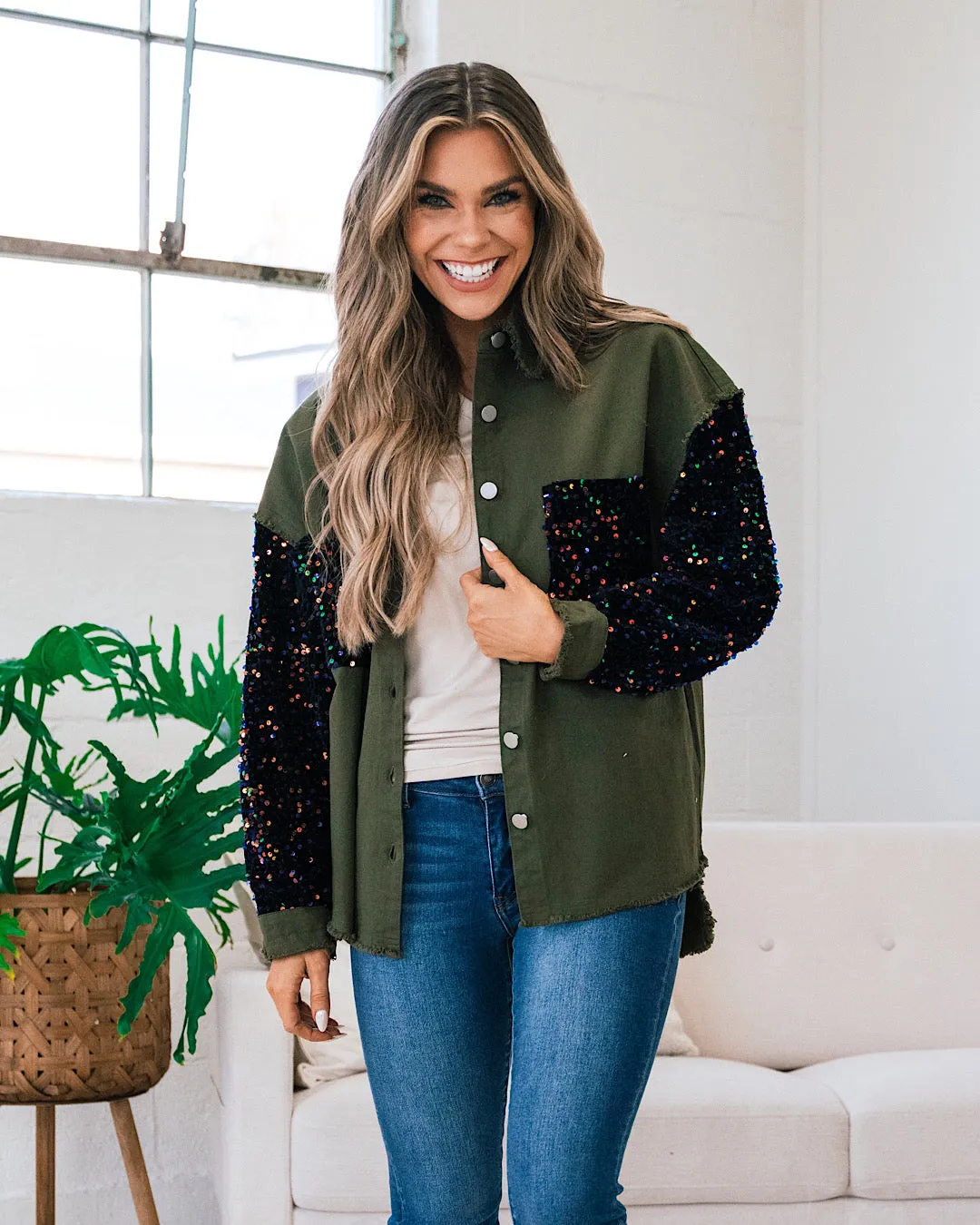 Denim Shacket with Velvet Sequin Sleeves - Olive FINAL SALE