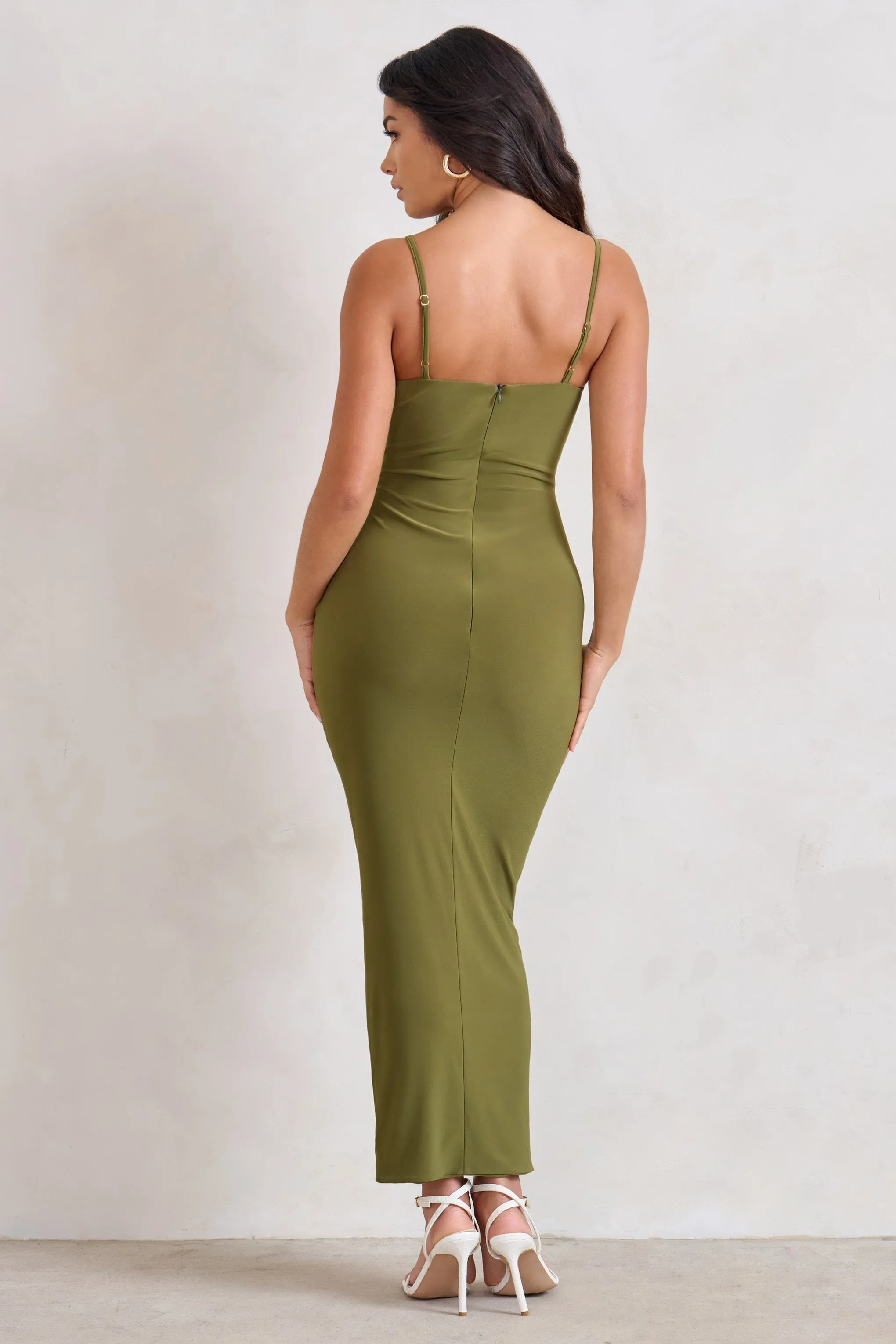 Dorothy | Olive Green Plunge V Neckline Ruffle Midi Dress