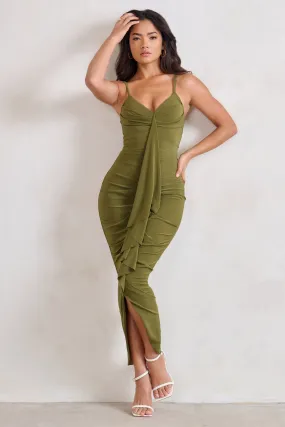 Dorothy | Olive Green Plunge V Neckline Ruffle Midi Dress