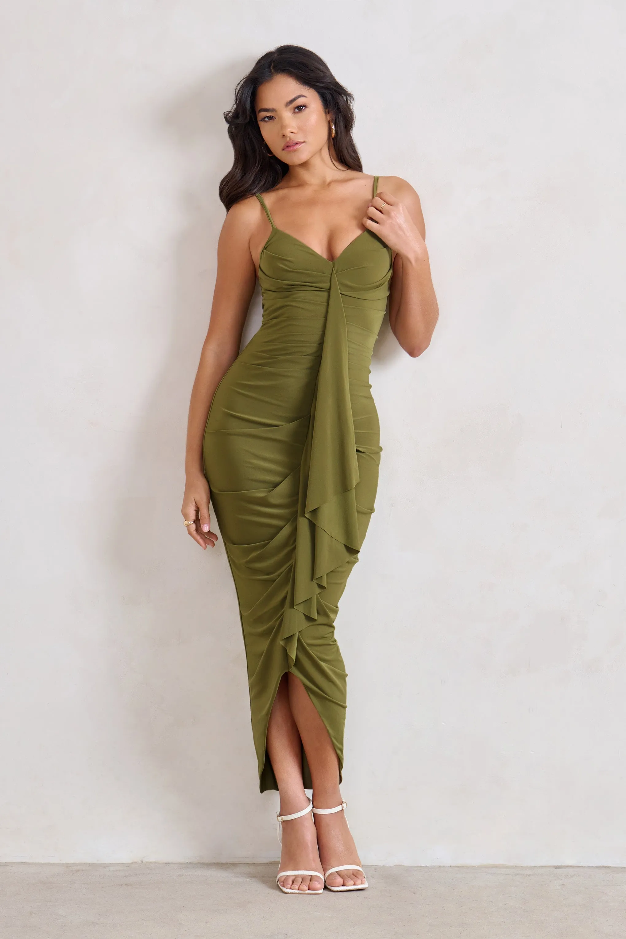 Dorothy | Olive Green Plunge V Neckline Ruffle Midi Dress