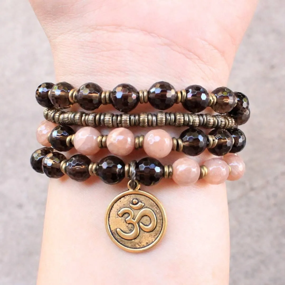 Genuine Faceted Sunstone and Smoky Quartz 54 Bead Mala Necklace Or Bracelet with Om Pendant