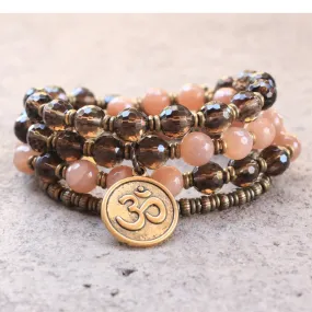 Genuine Faceted Sunstone and Smoky Quartz 54 Bead Mala Necklace Or Bracelet with Om Pendant