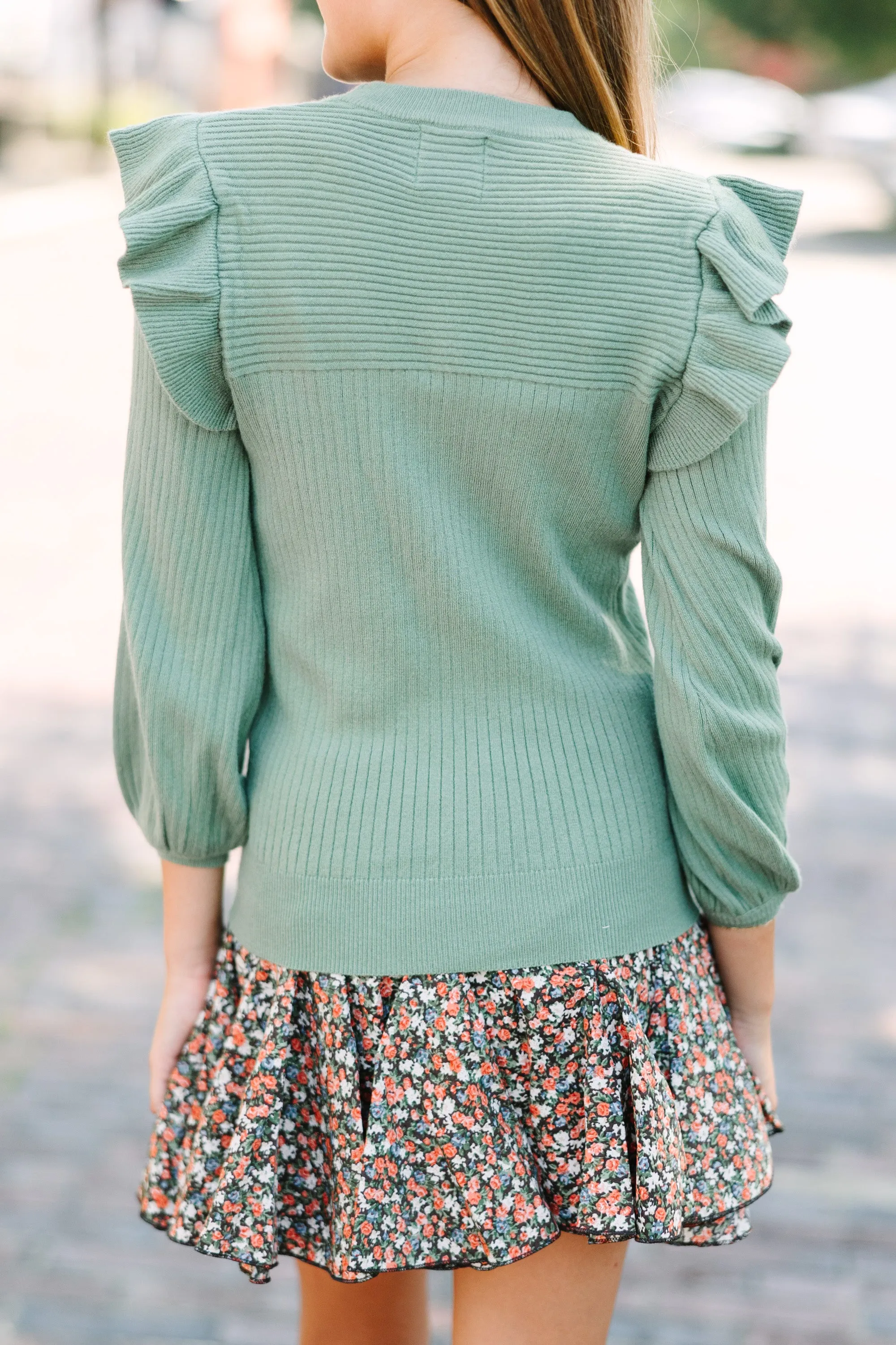 Girls: Reach Out Light Olive Green Ruffled Sweater