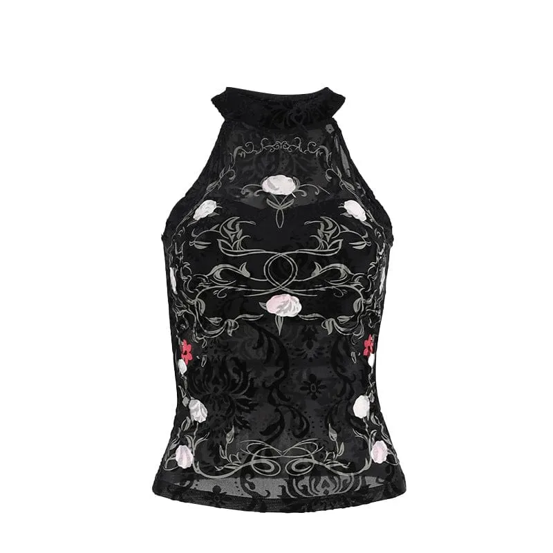 Gothic Halterneck Floral Flocking Tank Top