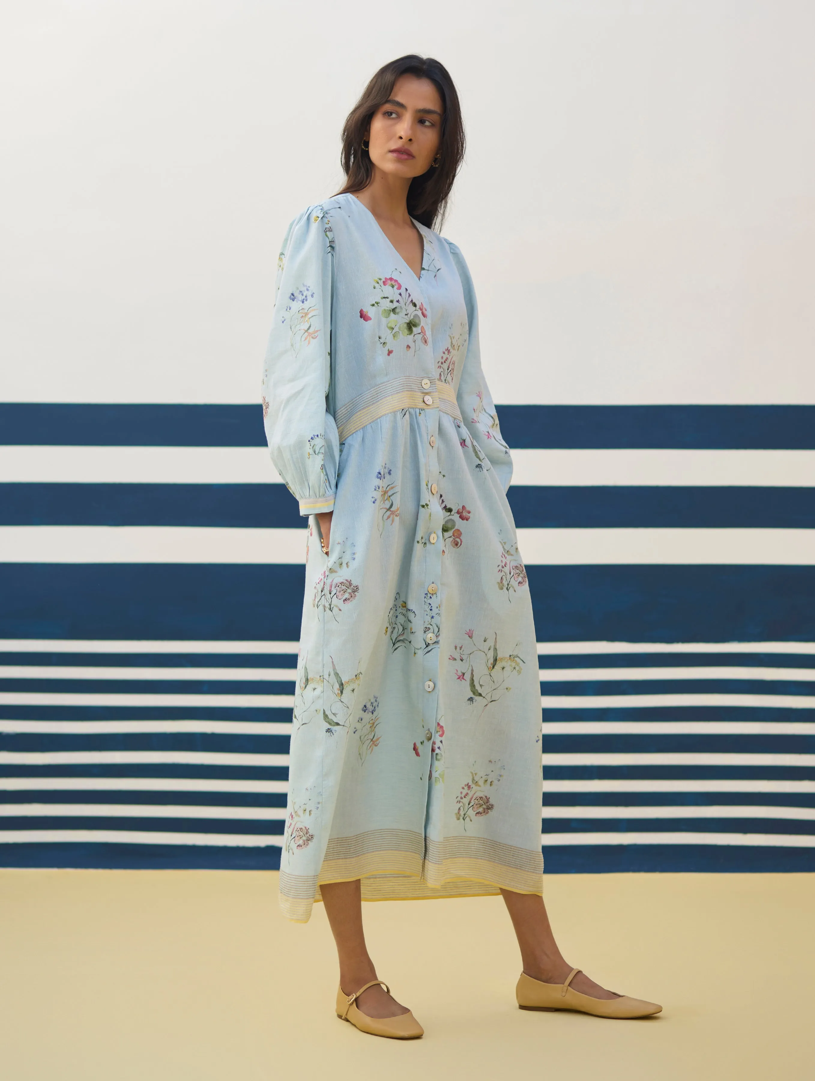 Greta Floral Linen Dress - Sky