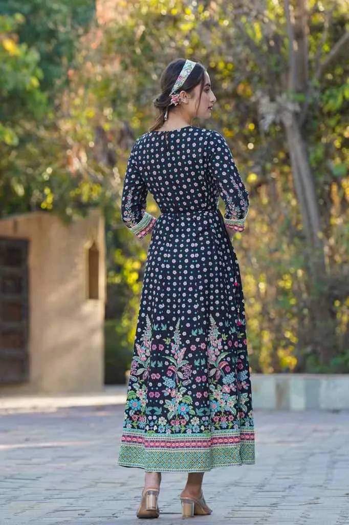 Juniper Black Festive Floral Printed Rayon Anarkali Dress.