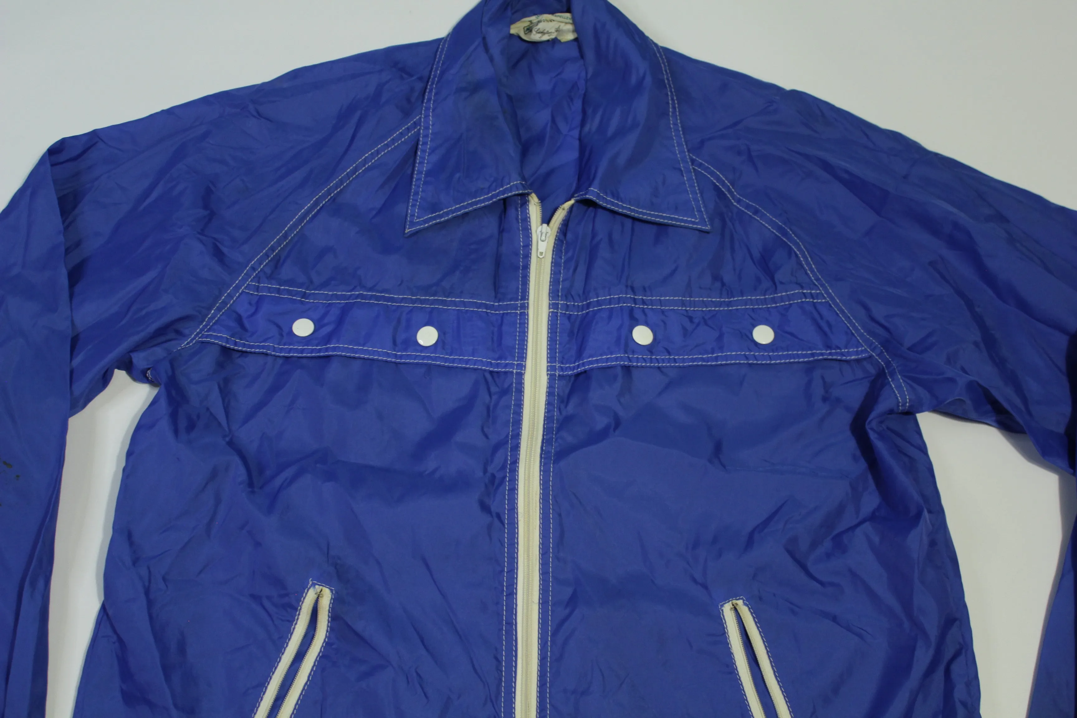 Kmart Vintage 70's Nylon Blue White Accents  Buttons Nylon Windbreaker Jacket