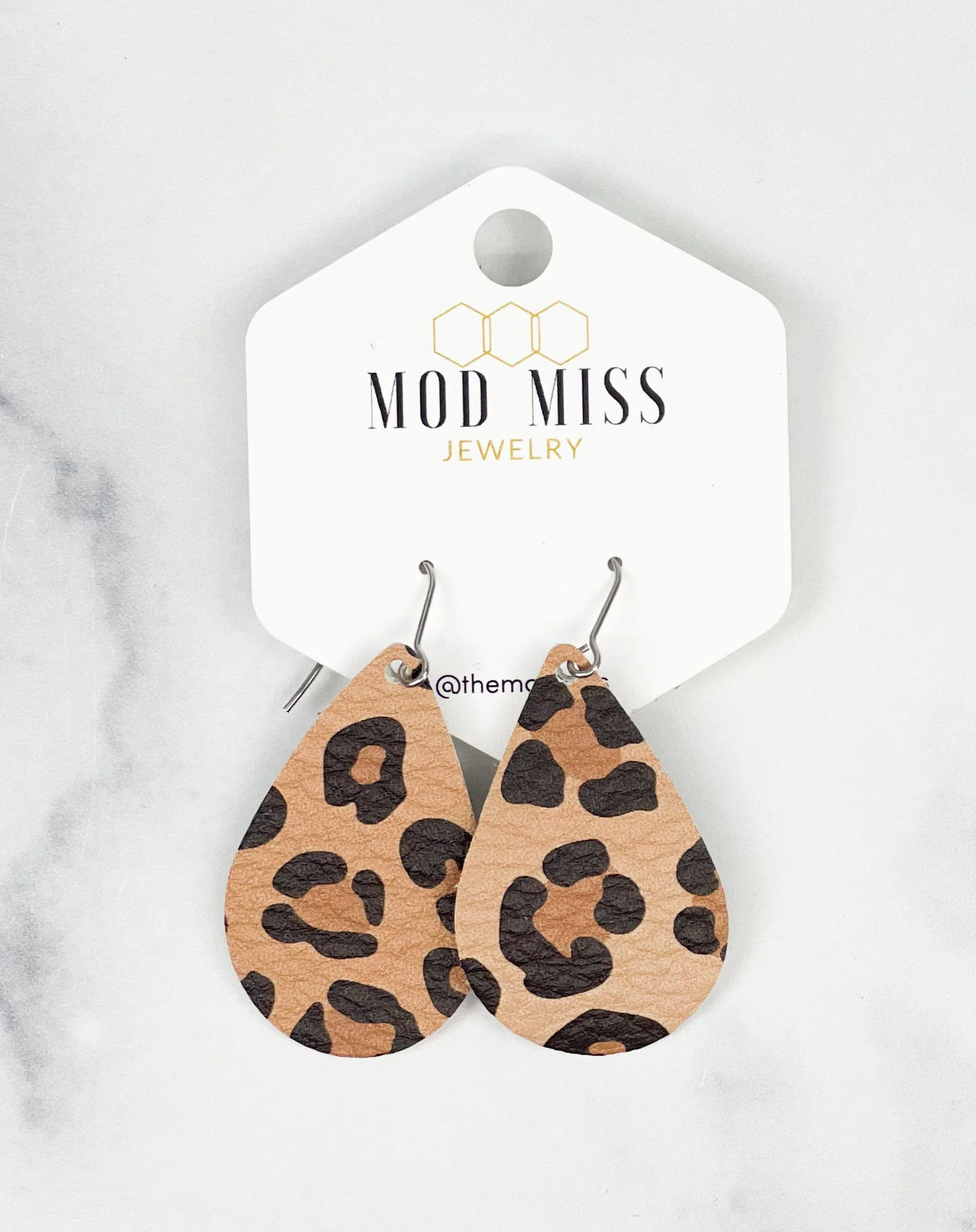 Leather Teardrop Earring Leopard Caramel