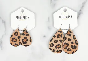 Leather Teardrop Earring Leopard Caramel