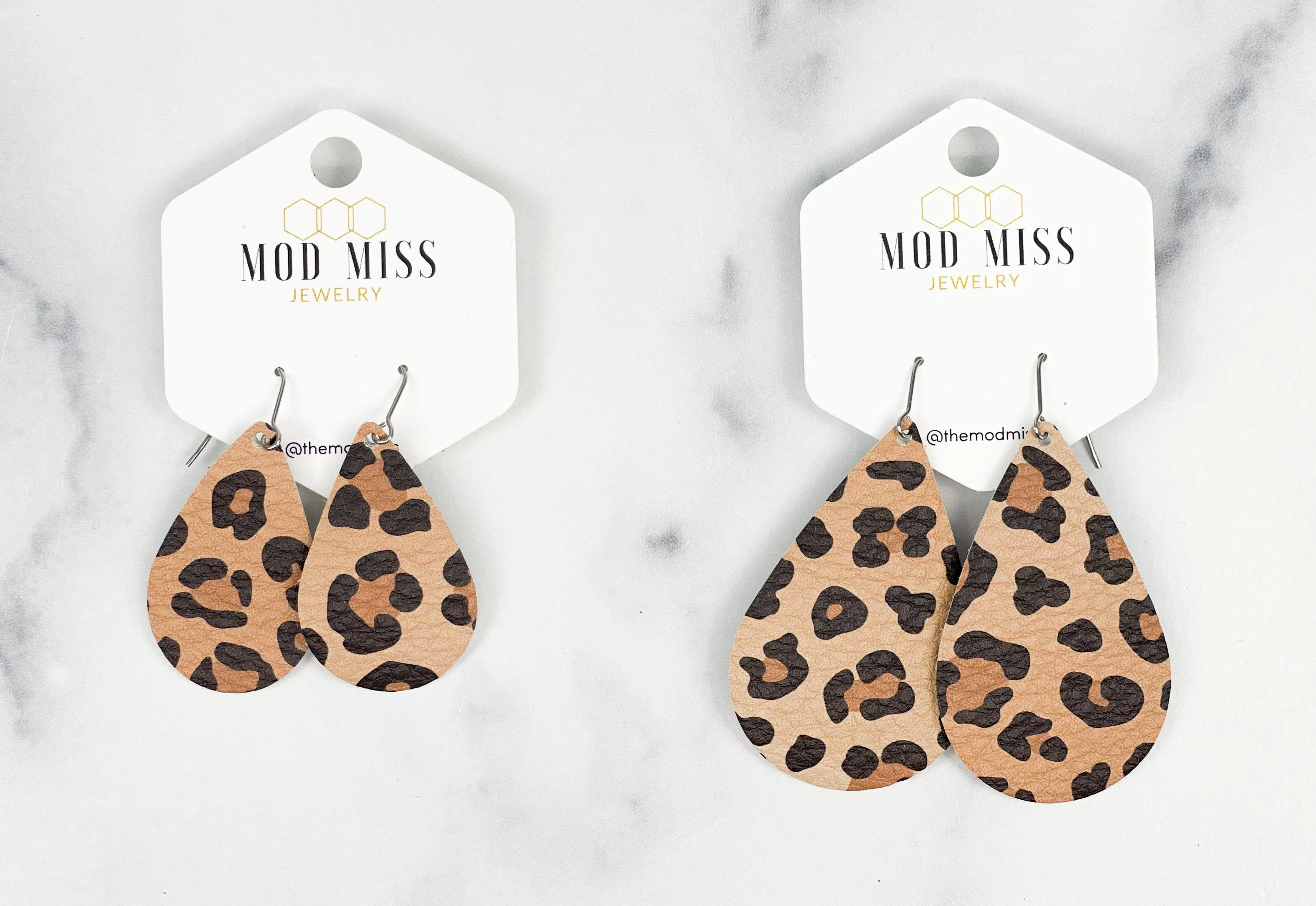 Leather Teardrop Earring Leopard Caramel