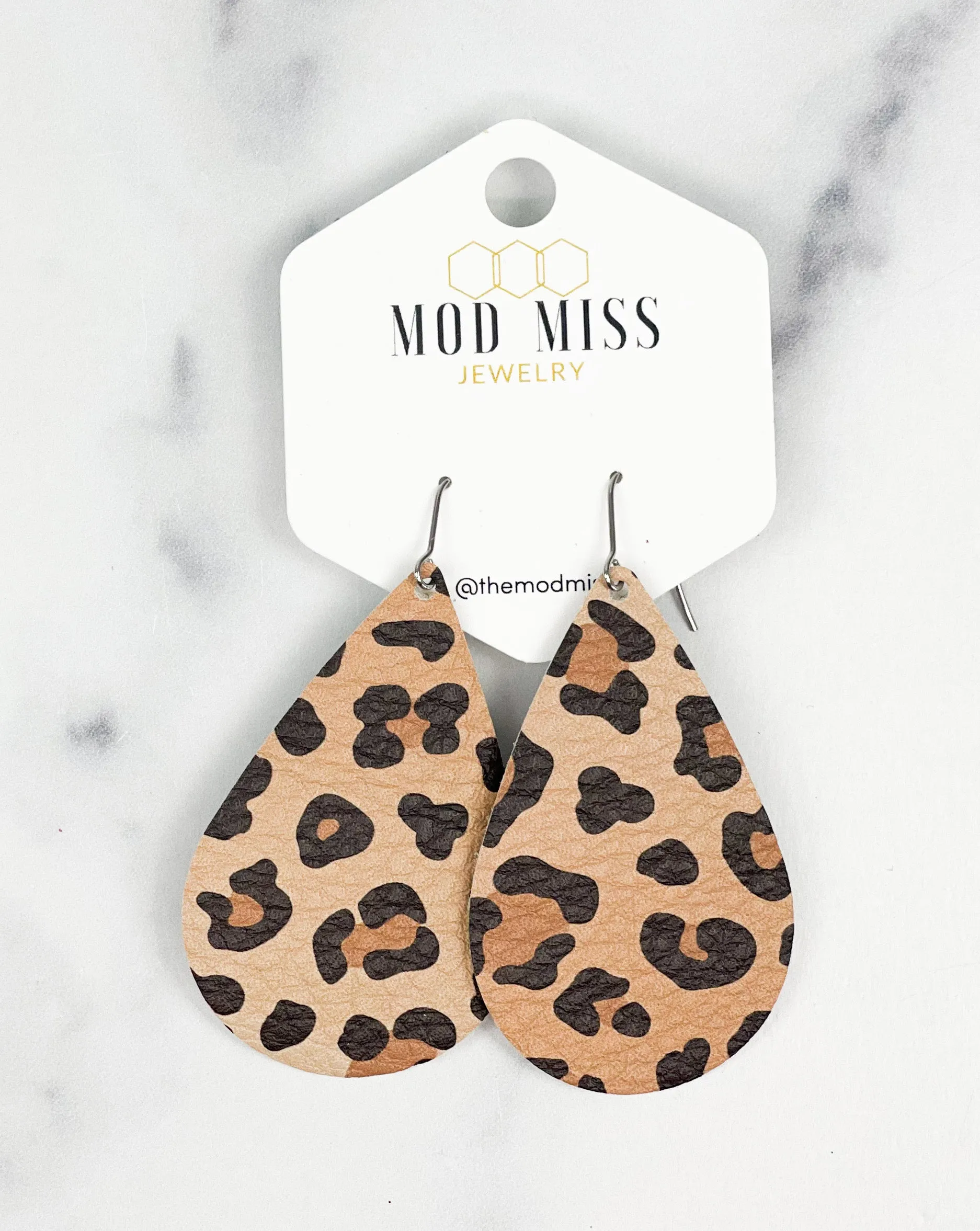 Leather Teardrop Earring Leopard Caramel