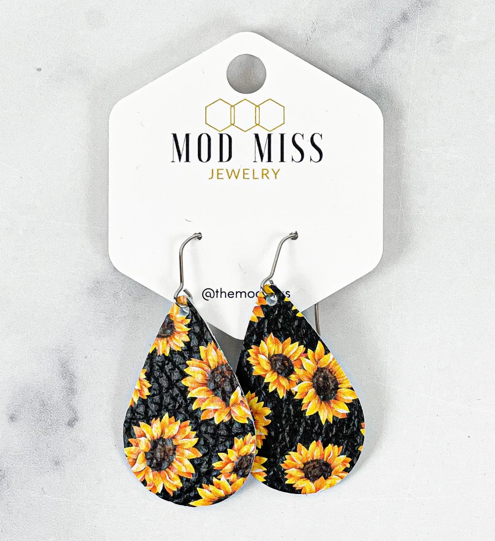 Leather Teardrop Earring Sunflower