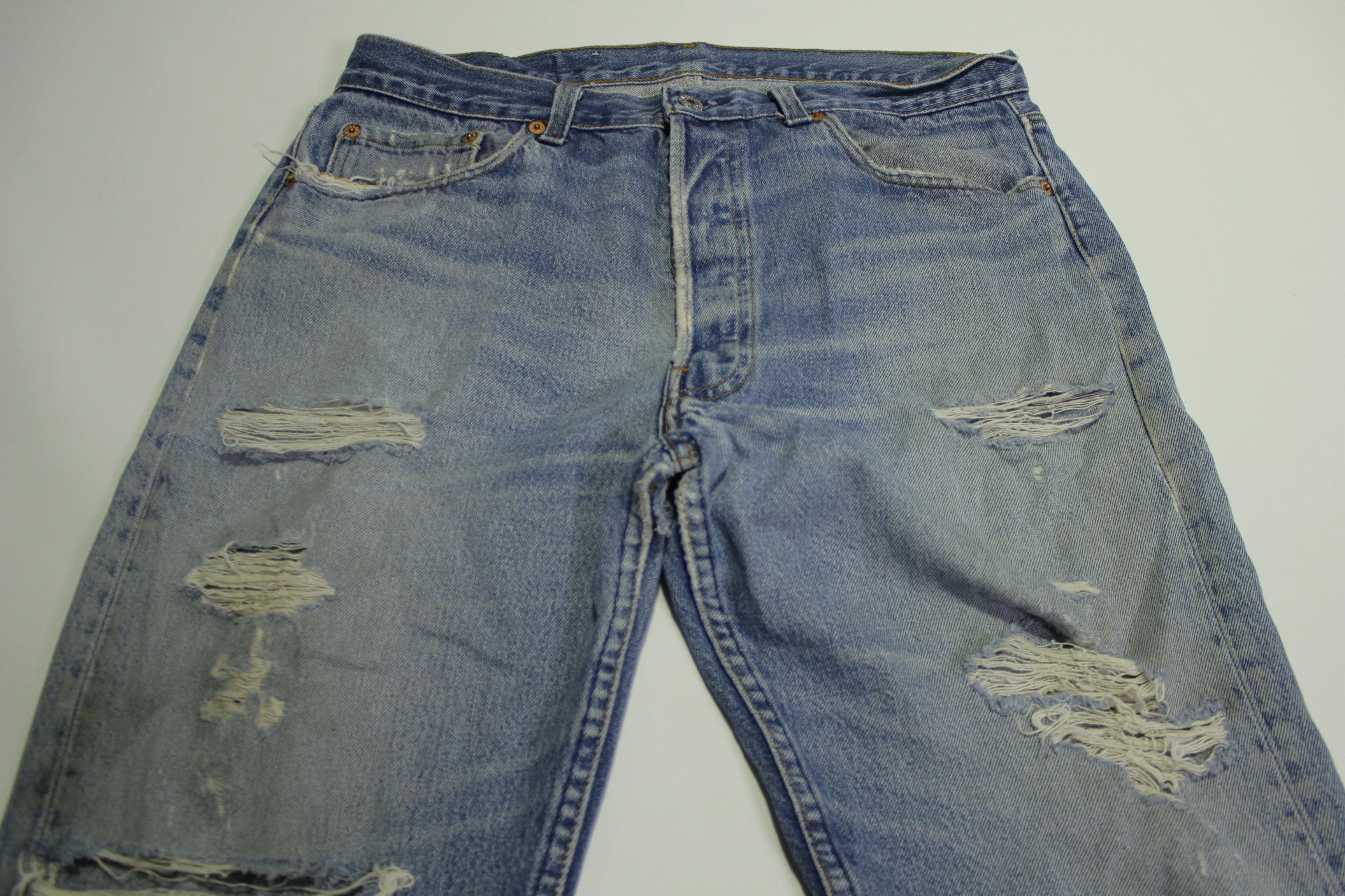 Levis 501 Heavily Distressed Button Fly Vintage 90's Denim Grunge Punk Red Tab Blue Jeans