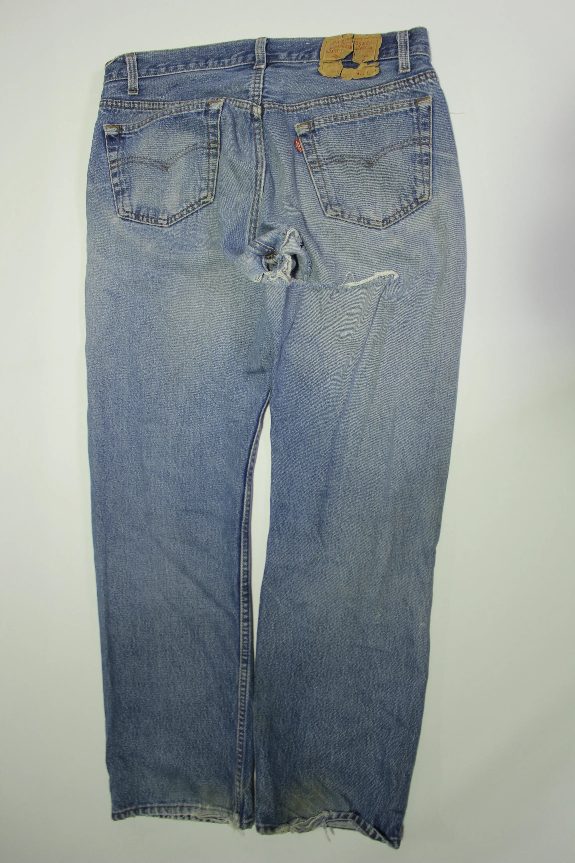 Levis 501 Heavily Distressed Button Fly Vintage 90's Denim Grunge Punk Red Tab Blue Jeans