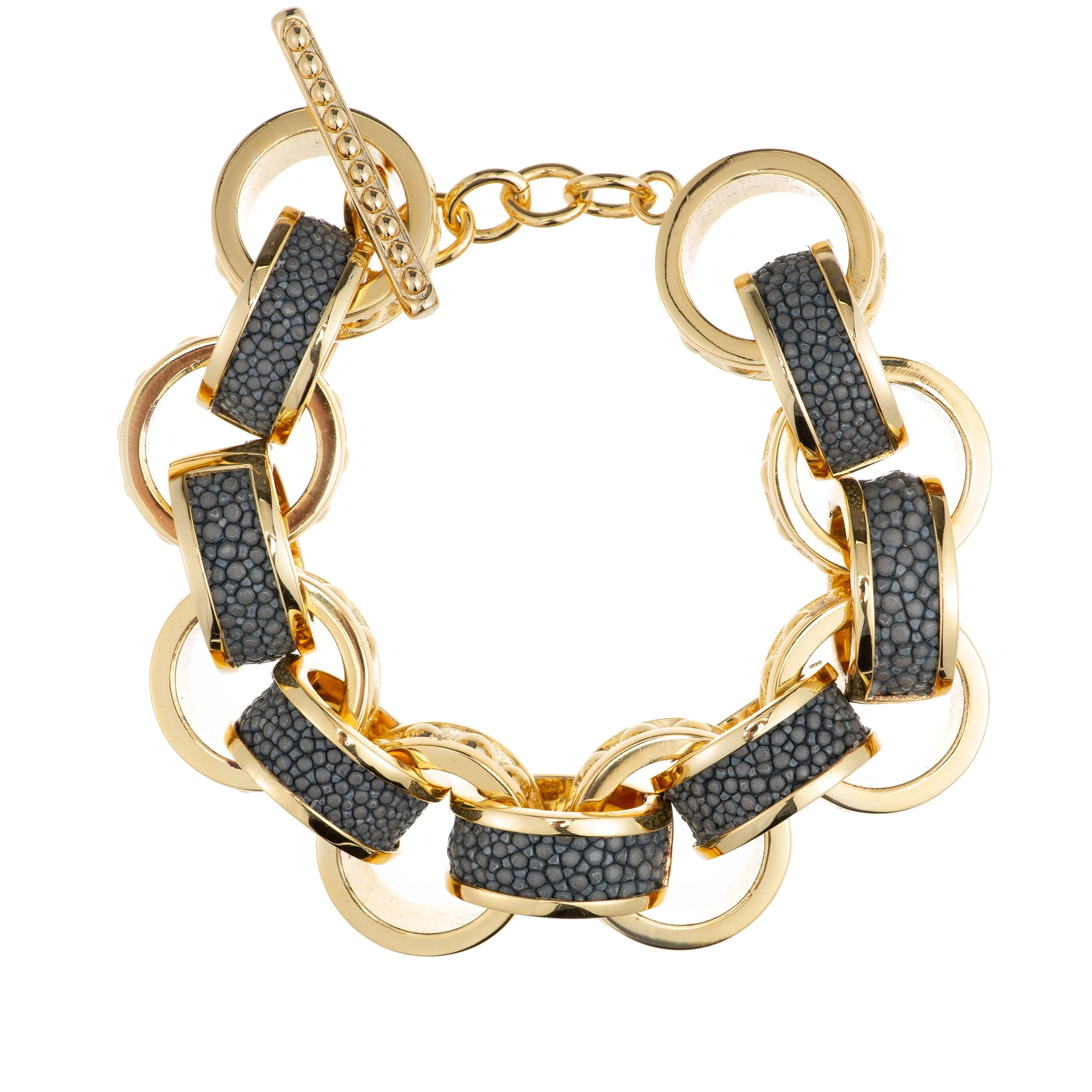 Lola Beaded Yellow Gold Link Bracelet With Shagreen Inlay