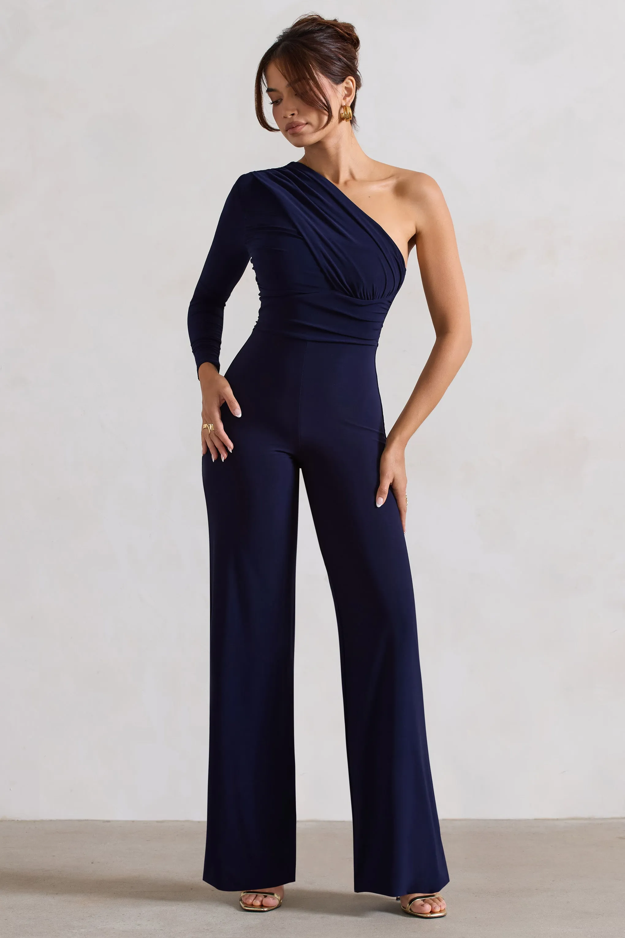 Mila | Navy One Shoulder Ruched Wide Leg Jumpsuit