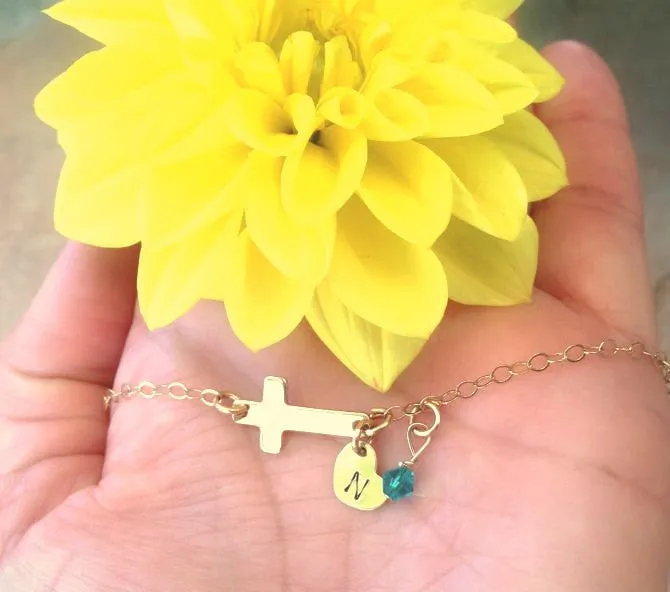 mother daughter bracelet, sideways cross bracelet, personalized cross bracelet, cross bracelet, initial bracelet, first communion gift