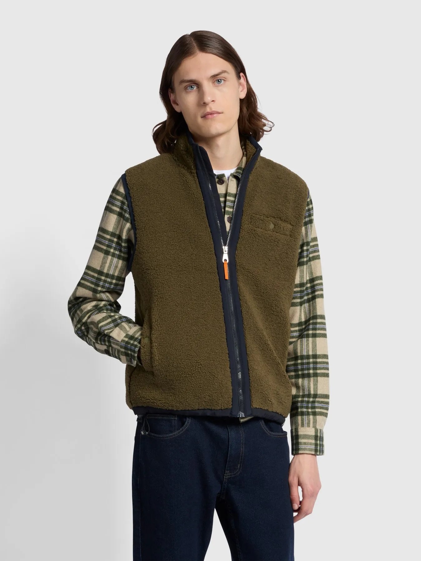 Naples Regular Fit Fleece Gilet In Olive Green