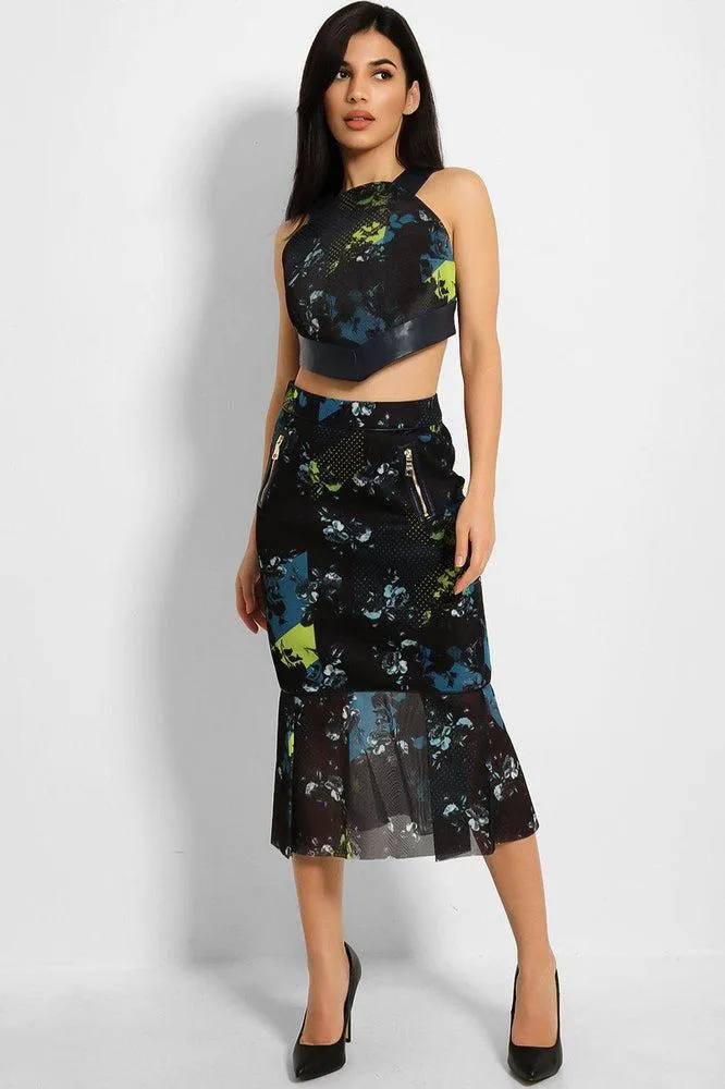 Navy Teal Dimple Floral Print Mesh Structured Skirt