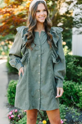 Never Too Late Olive Green Corduroy Dress