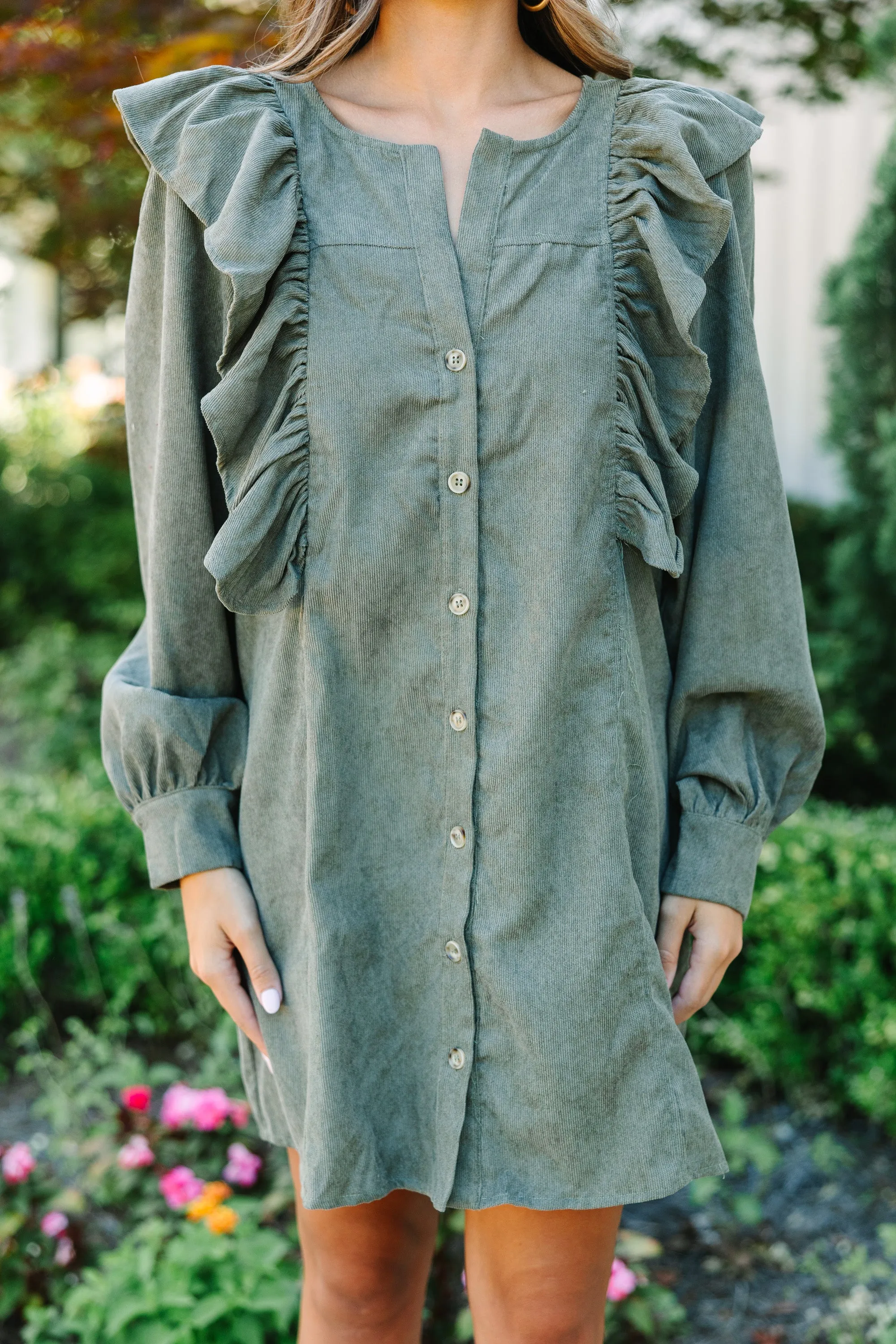 Never Too Late Olive Green Corduroy Dress