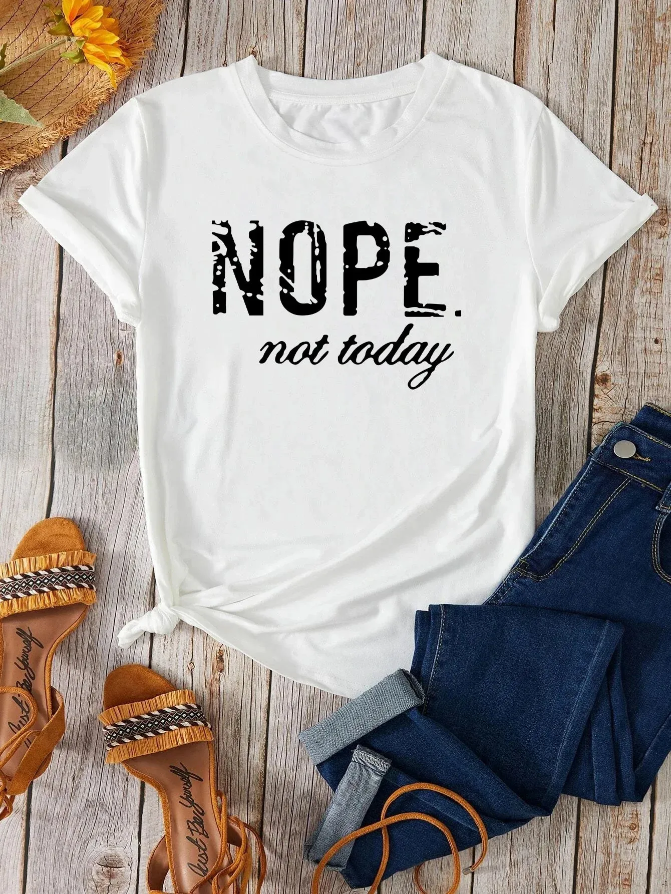 Nope Not Today Plus Size Letter Print Graphic T-Shirt Cute Short Sleeve Crew Neck Shirt Casual Every Day Tops Women's Clothing