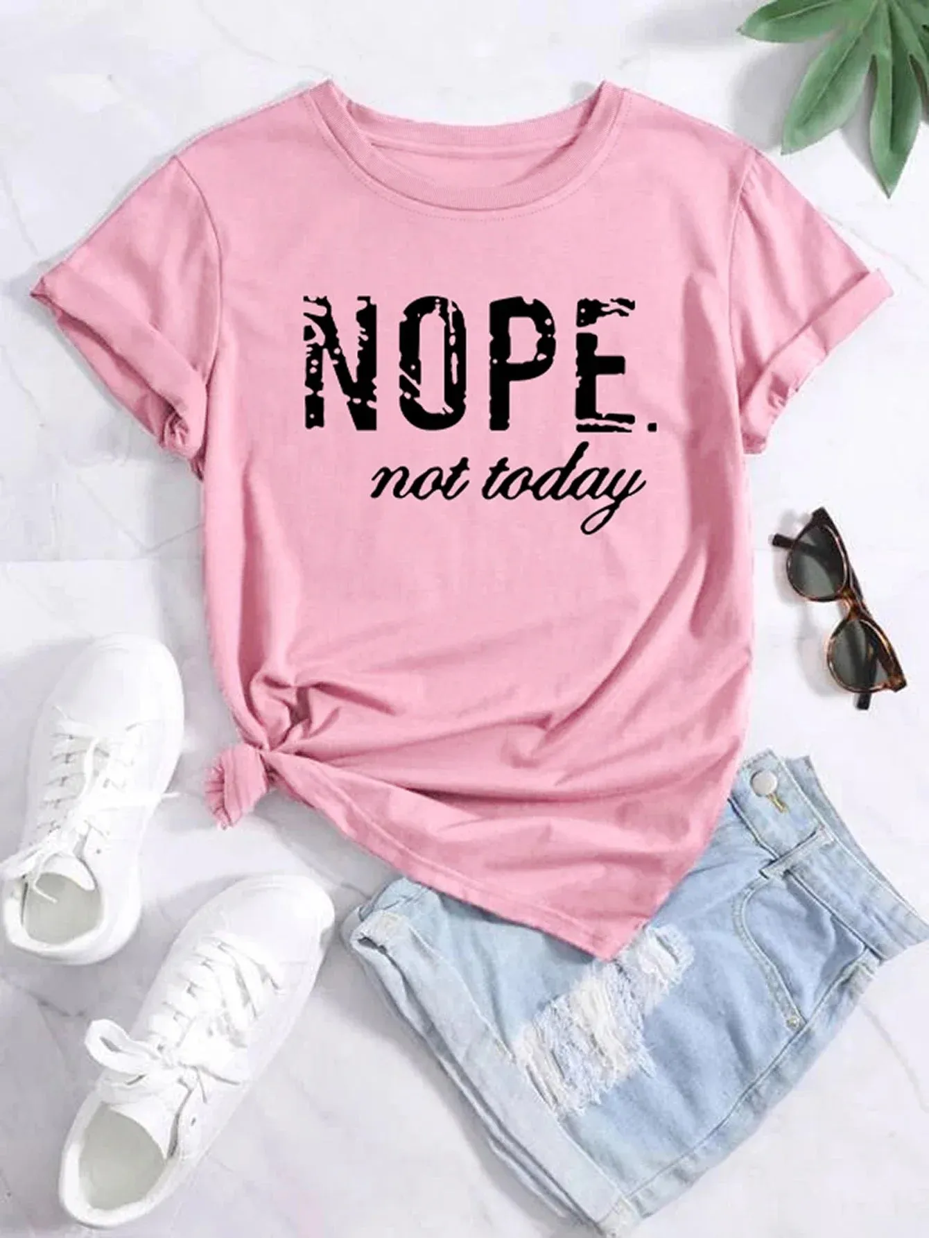 Nope Not Today Plus Size Letter Print Graphic T-Shirt Cute Short Sleeve Crew Neck Shirt Casual Every Day Tops Women's Clothing