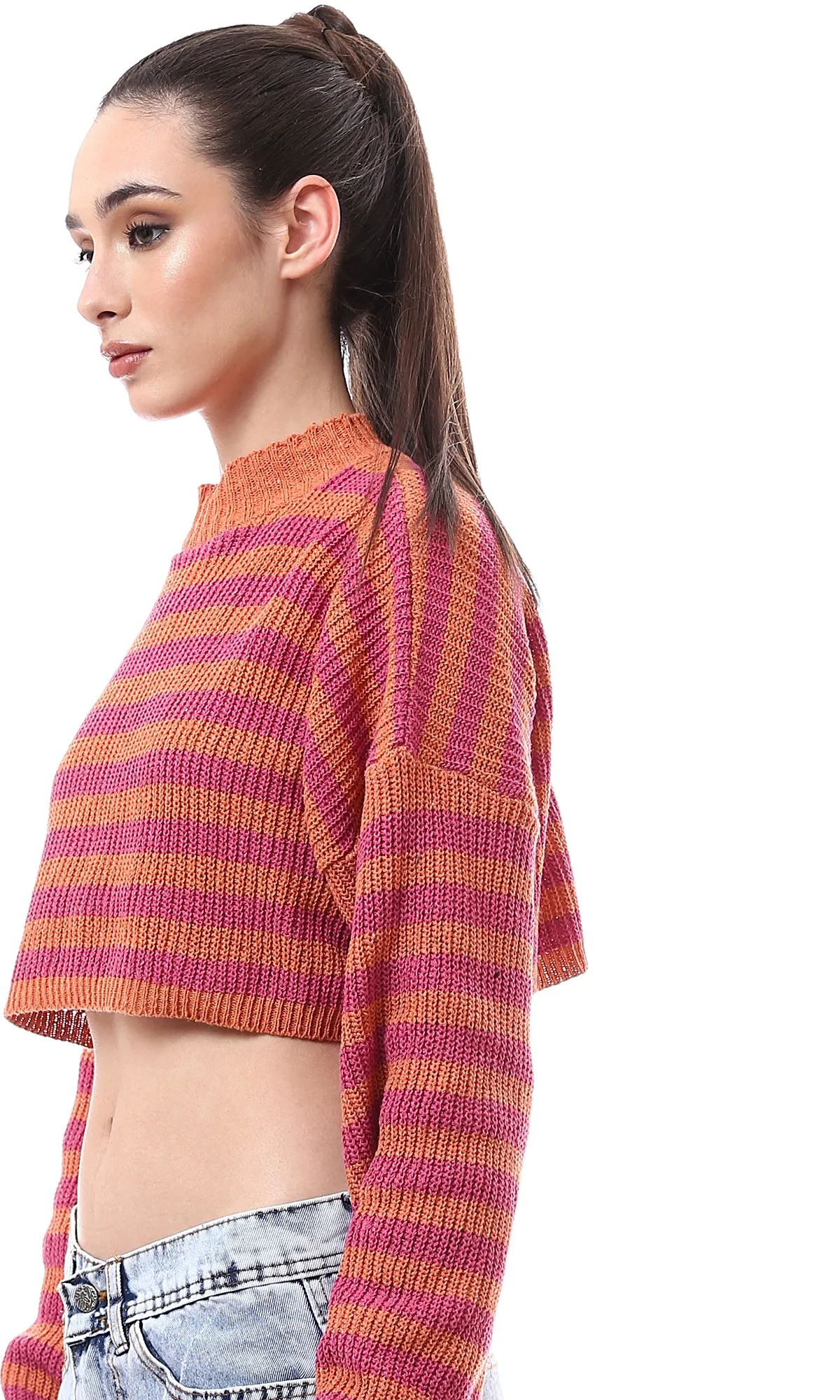 O172579 Mock Neck Winter Striped Cropped Pullover - Fuchsia & Orange