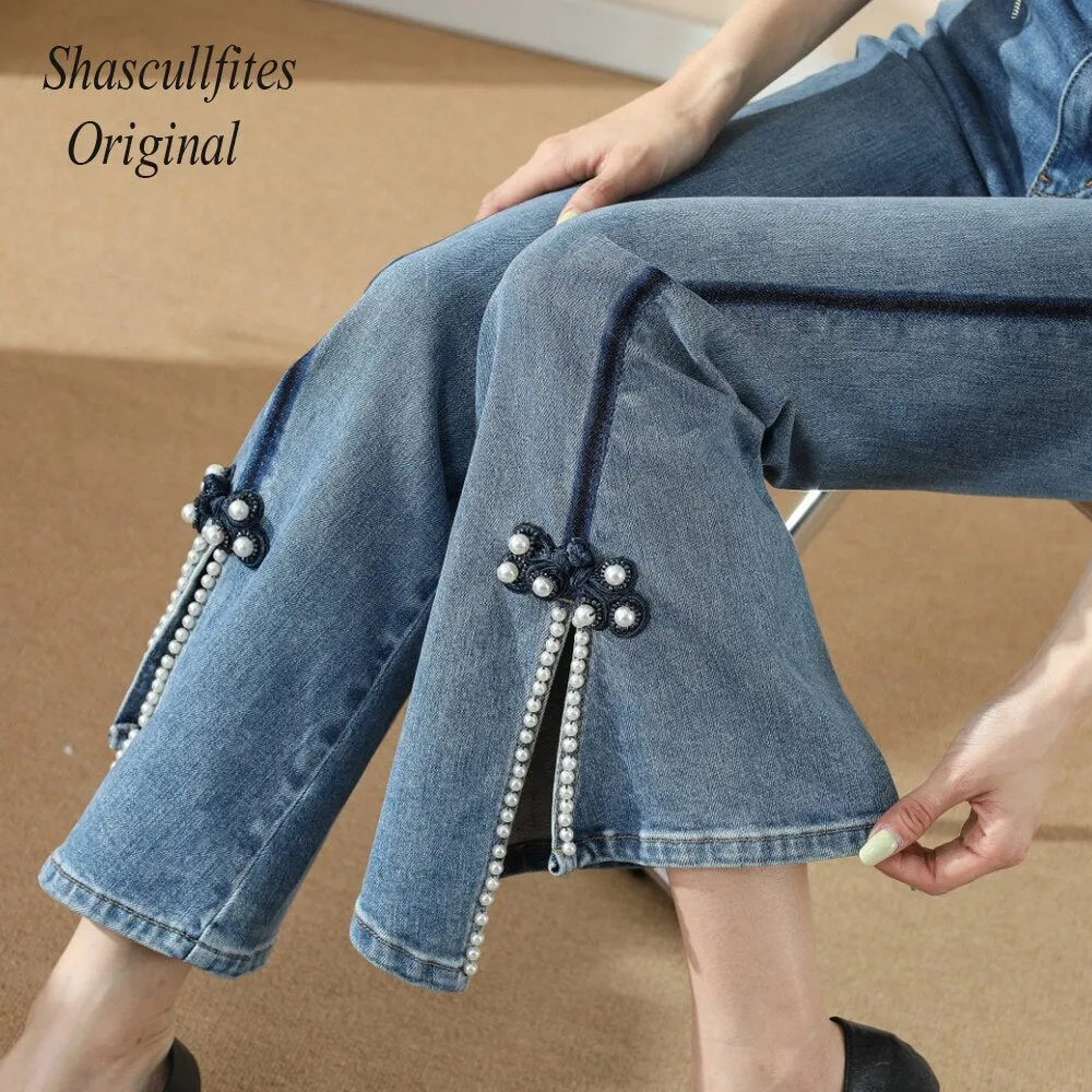 Original Design Tassels Jeans High Waist Casual Loose Denim Jeans Womens Clothing Pearl Bell Jeans