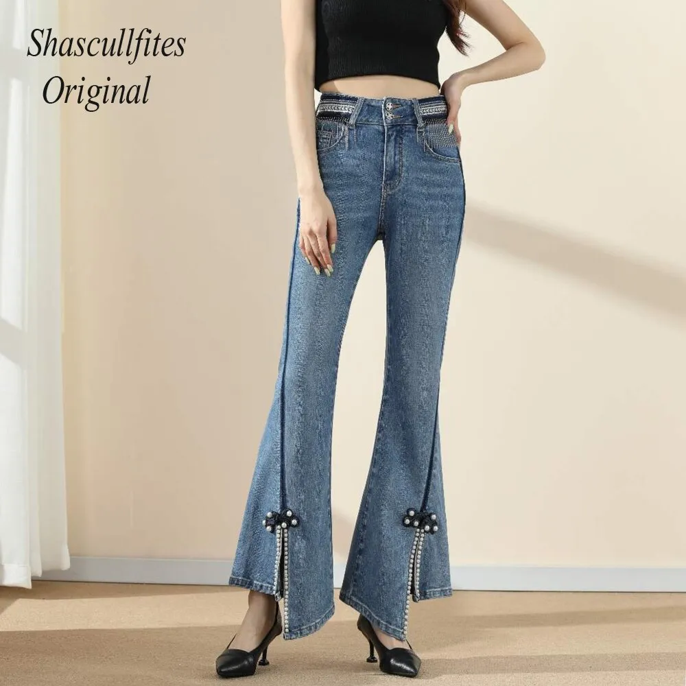 Original Design Tassels Jeans High Waist Casual Loose Denim Jeans Womens Clothing Pearl Bell Jeans