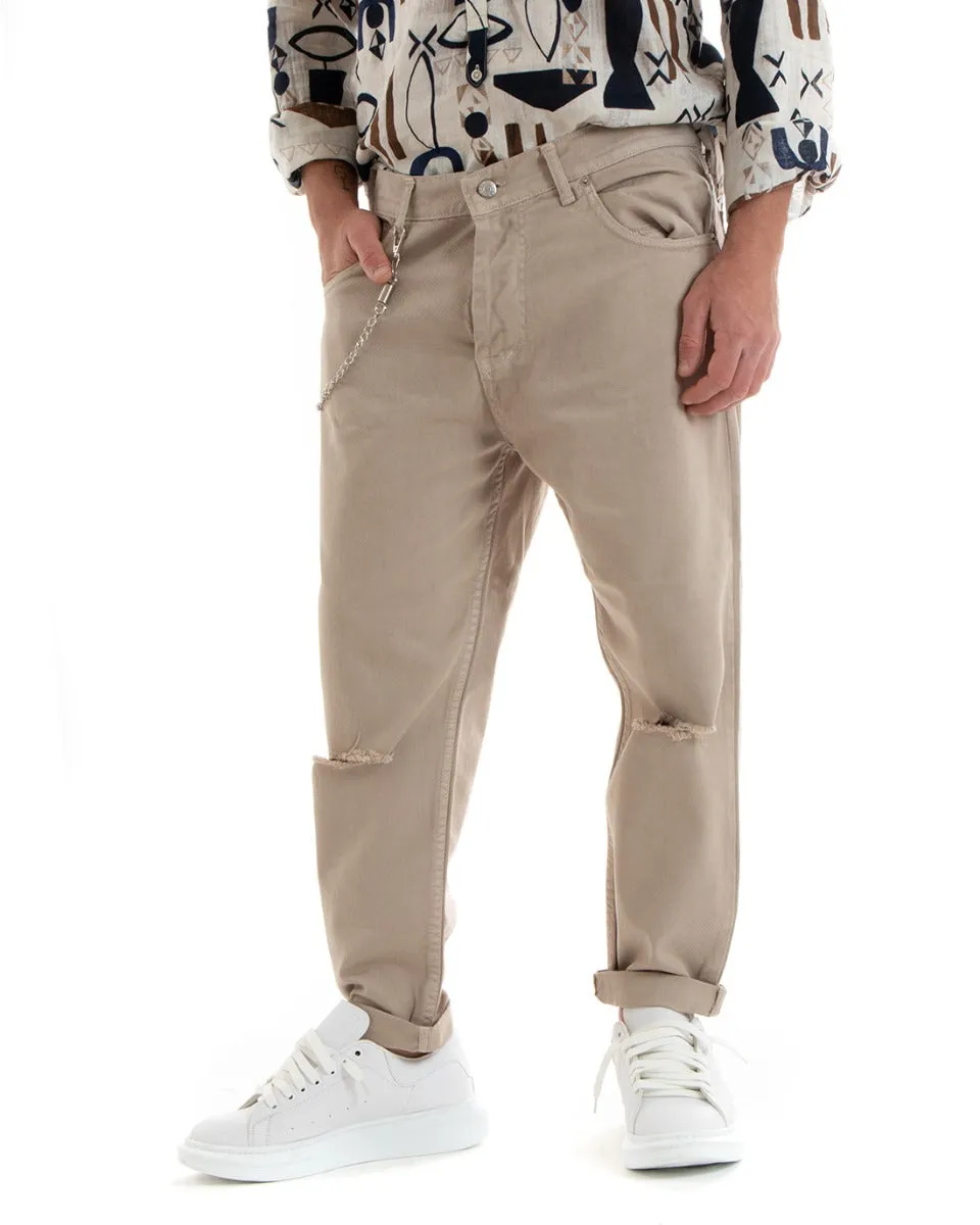 Pantaloni Jeans Uomo Loose Fit Beige Con Taglio Al Ginocchio Cinque Tasche GIOSAL-P5709A